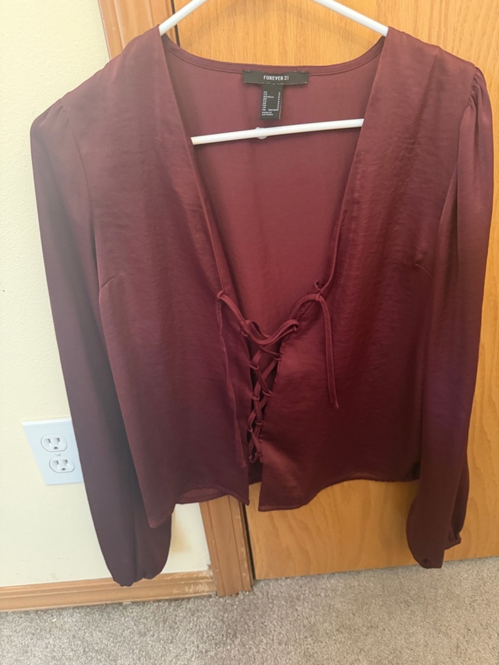 Forever 21 Maroon Lace-Up V-Neck Long Sleeve Blouse